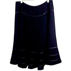 ZELDA GORED SKIRT. Black with black satin ribbon embellishments. Size 8. Lined